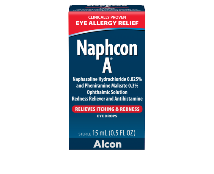 Naphcon-A redness reliever and antihistamine eye drops product box by Alcon