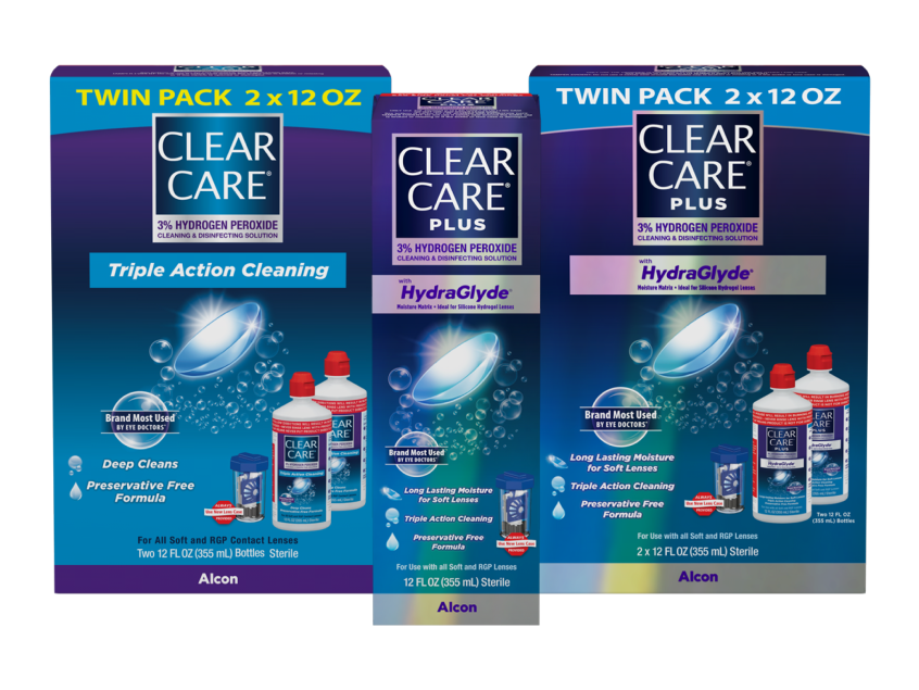Three Clear Care contact lens solutions product boxes. Twin pack 2 x 12 oz product boxes for Clear Care and Clear Care Plus with HydraGlyde and Clear Care Plus with HydaGlyde single bottle box.